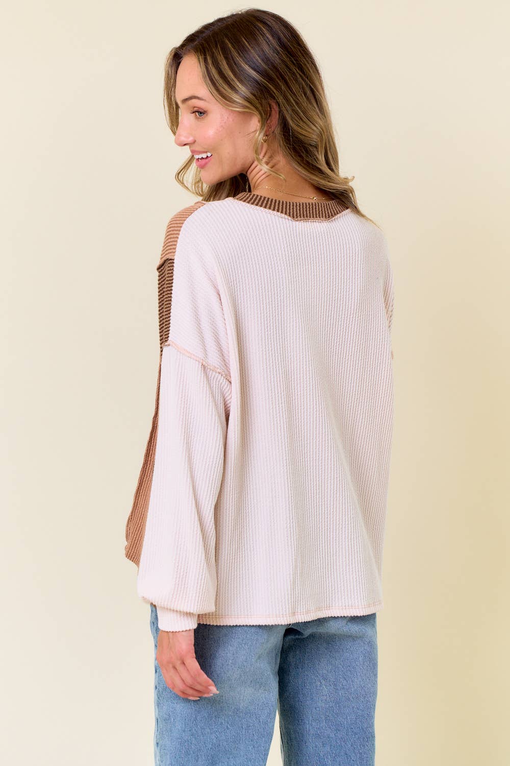 The Clara Colorblock Waffle Knit Henley – Neutral Stripe Patch Pullover