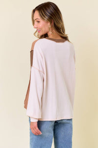 The Clara Colorblock Waffle Knit Henley – Neutral Stripe Patch Pullover