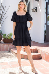 Delilah Black Puff Sleeve Babydoll Mini Dress – Flowy Square Neck Dress for Special Occasion