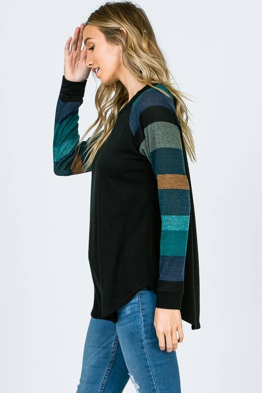 Lisa Stripe Sleeve Casual Blouse: Jade/ Black
