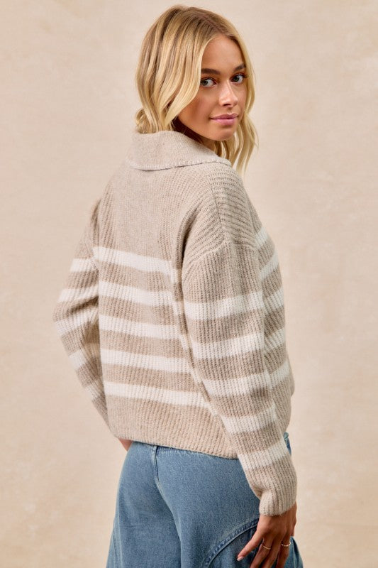 The Laurel Striped Collared Sweater – Taupe & Cream Knit Pullover