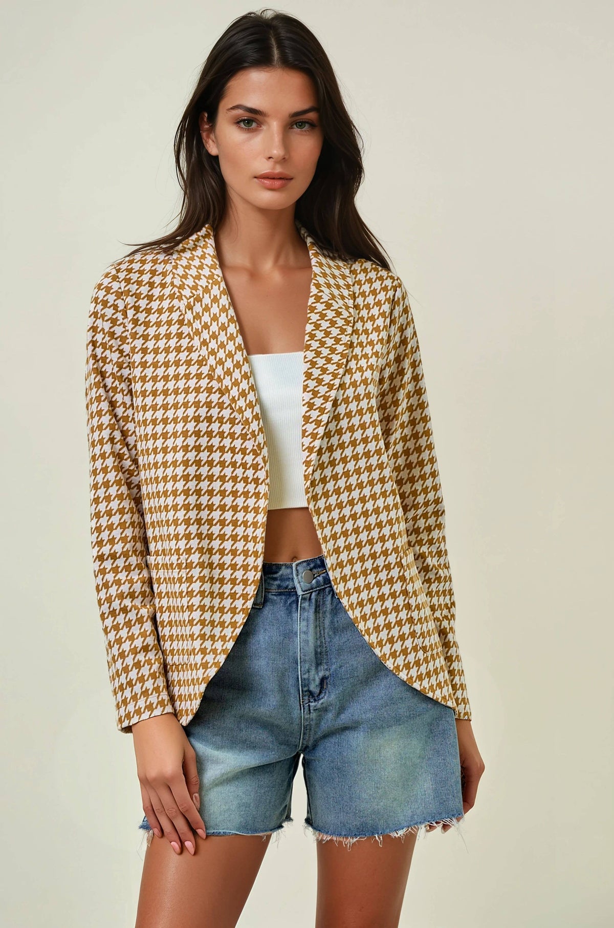 The Marlowe Houndstooth Shawl Collar Blazer – Tan & Black