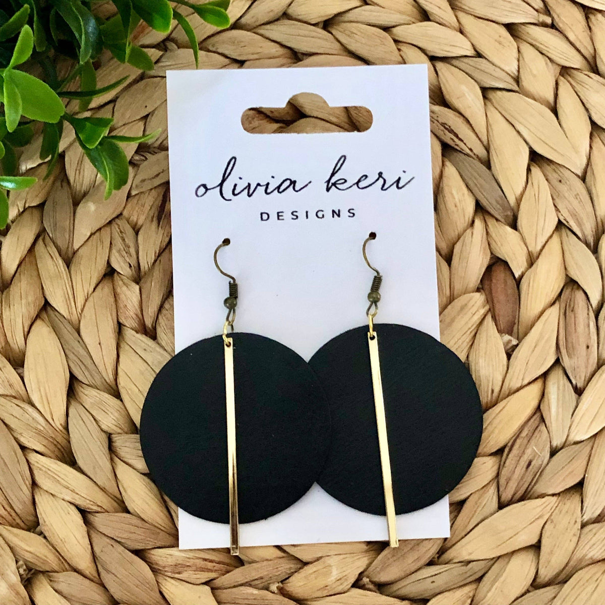Lindsay Black Leather Circle Earrings with Gold Bar – Minimalist Statement Dangles
