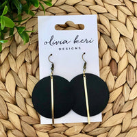 Lindsay Black Leather Circle Earrings with Gold Bar – Minimalist Statement Dangles