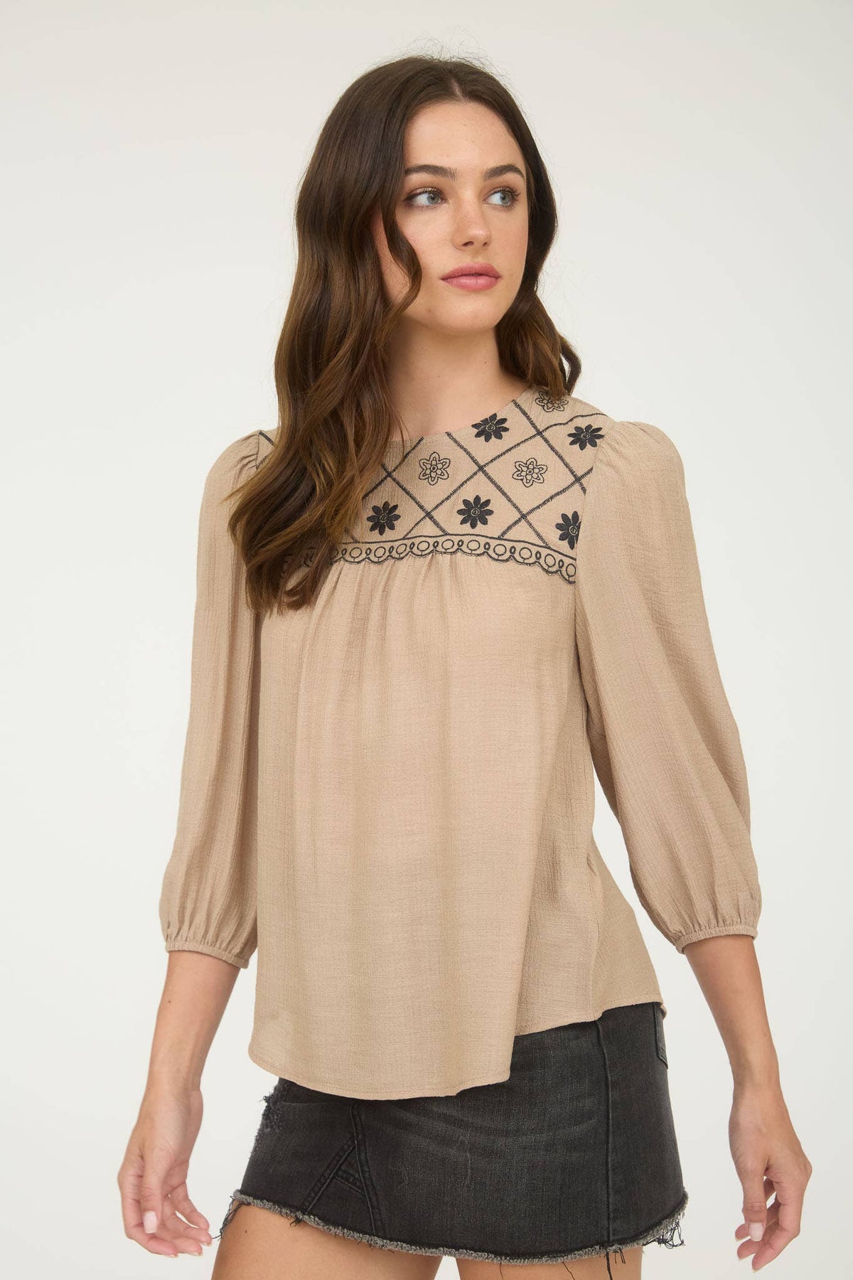 The Rylie Embroidered Yoke Blouse – 3/4 Sleeve Boho Top (Navy or Taupe)