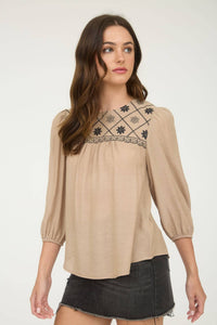 The Rylie Embroidered Yoke Blouse – 3/4 Sleeve Boho Top (Navy or Taupe)