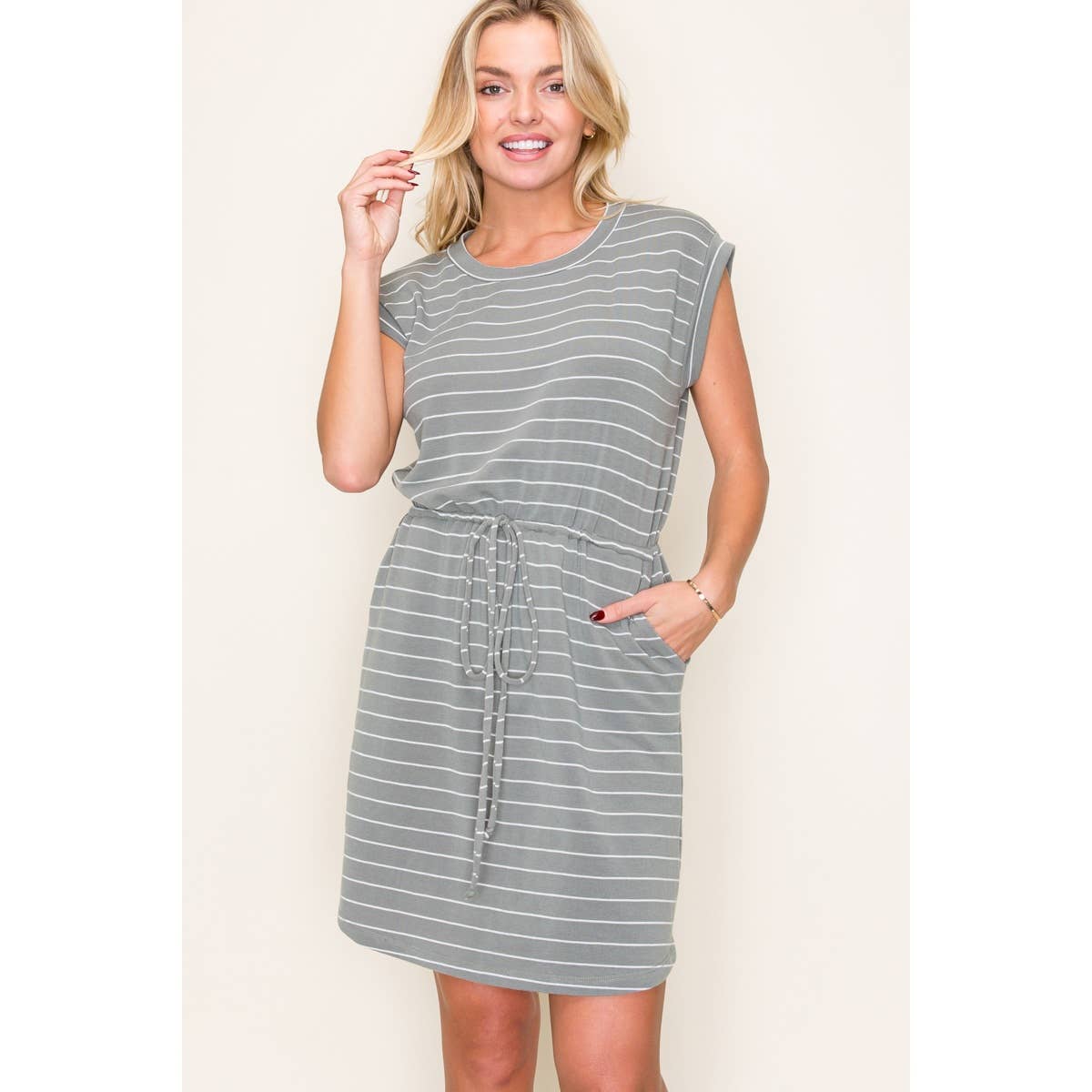 The Tessa Striped T-Shirt Dress – Women’s Casual Drawstring Waist Dress with Pockets | Terry Knit Short Sleeve Lounge Dress