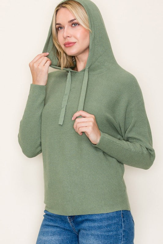 Staccato Mini Waffle Knit Hoodie Sweater – Pullover Dolman Sleeve in Terracotta, Ivory & Sage