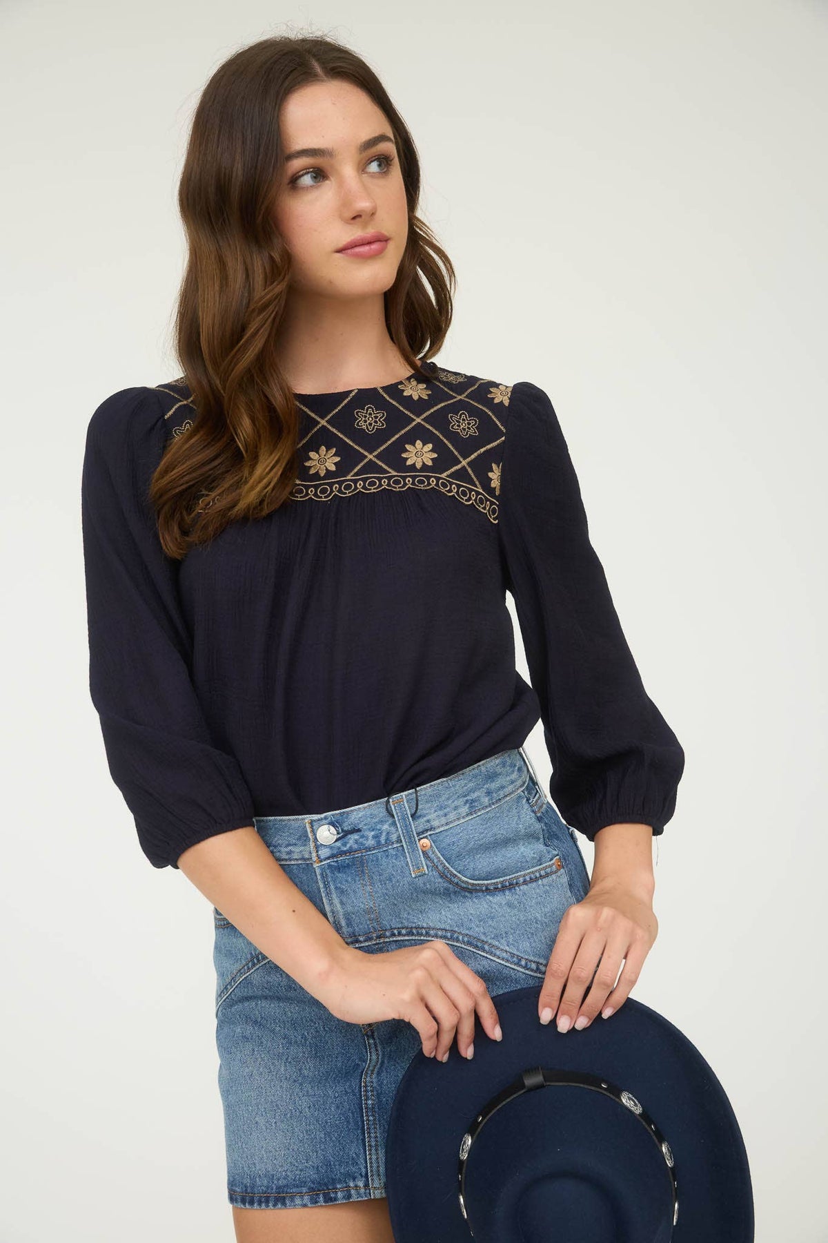 The Rylie Embroidered Yoke Blouse – 3/4 Sleeve Boho Top (Navy or Taupe)