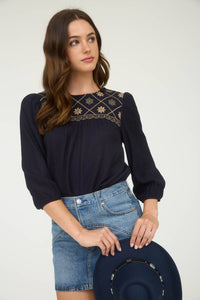 The Rylie Embroidered Yoke Blouse – 3/4 Sleeve Boho Top (Navy or Taupe)
