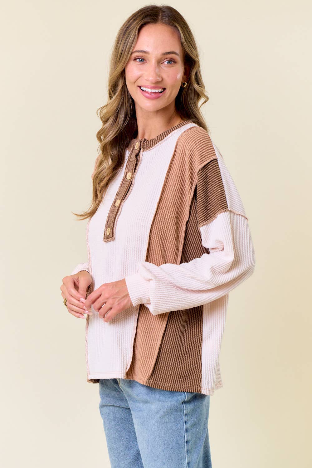 The Clara Colorblock Waffle Knit Henley – Neutral Stripe Patch Pullover