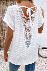 Briar Crochet Back Waffle Knit Top – White V-Neck Short Sleeve