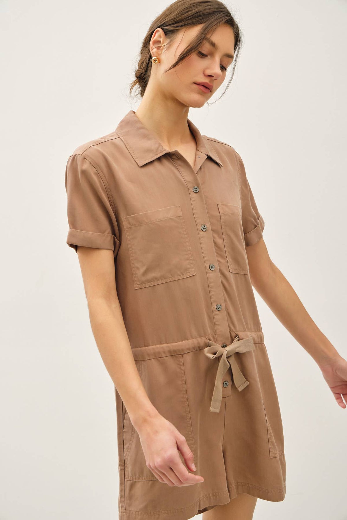The Harper Button-Up Tencel Romper – Short Sleeve Utility Style