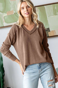 Sadie Ribbed V-Neck Long Sleeve Top – Relaxed Fit Textured Knit