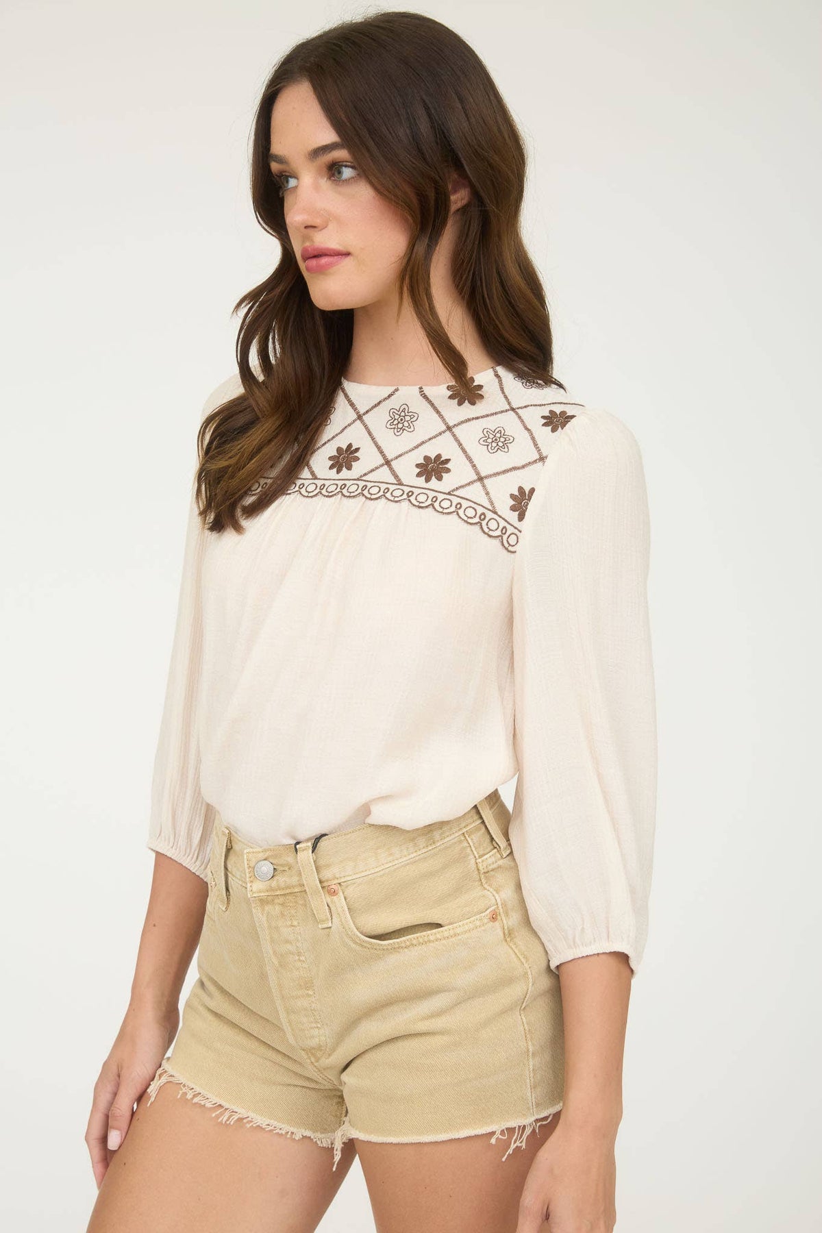 The Rylie Embroidered Yoke Blouse – 3/4 Sleeve Boho Top (Navy or Taupe)