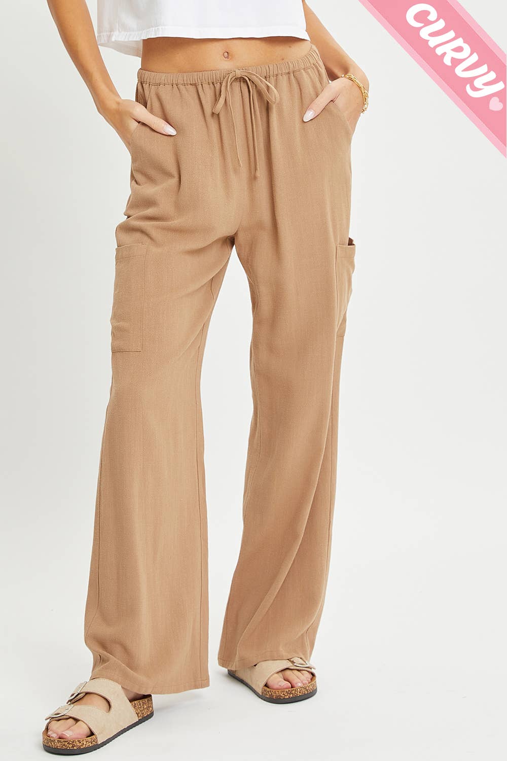 Savannah Plus Size Linen Blend Cargo Pants – Relaxed Pull-On Wide Leg Trousers with Pockets