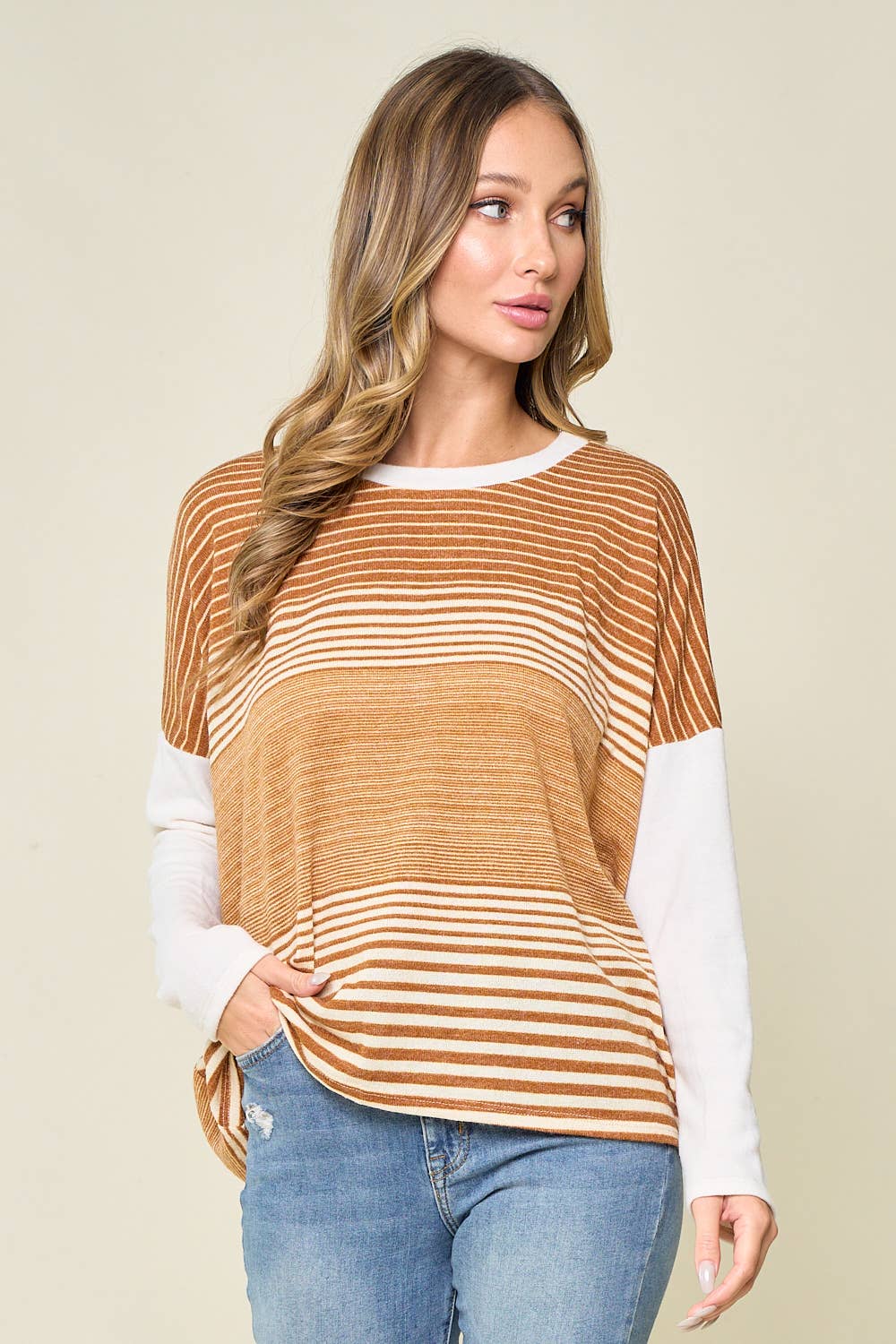 The Hadley Mixed Stripe Long Sleeve Knit Top – Mustard + Ivory Colorblock Pullover