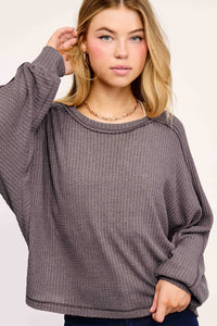 Sadie Brushed Waffle Knit Long Sleeve Top – Berry, Charcoal, Teal