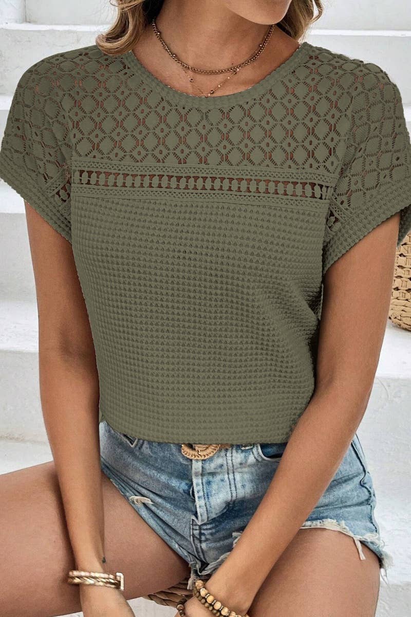 Callie Crochet Detail Textured Top – Olive Short Sleeve