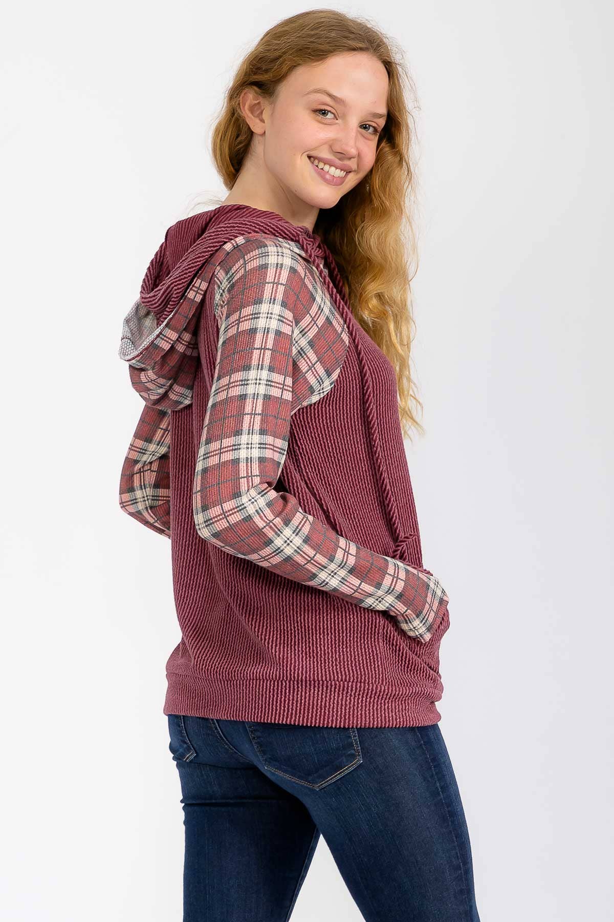 Everly Plaid Contrast Double Hooded Pullover – Ribbed Knit Hoodie with Thumbholes