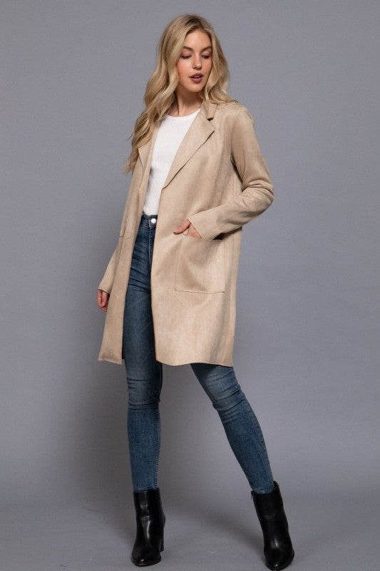 Maribel Faux Suede Open Front Jacket – Longline Blazer Coat with Pockets