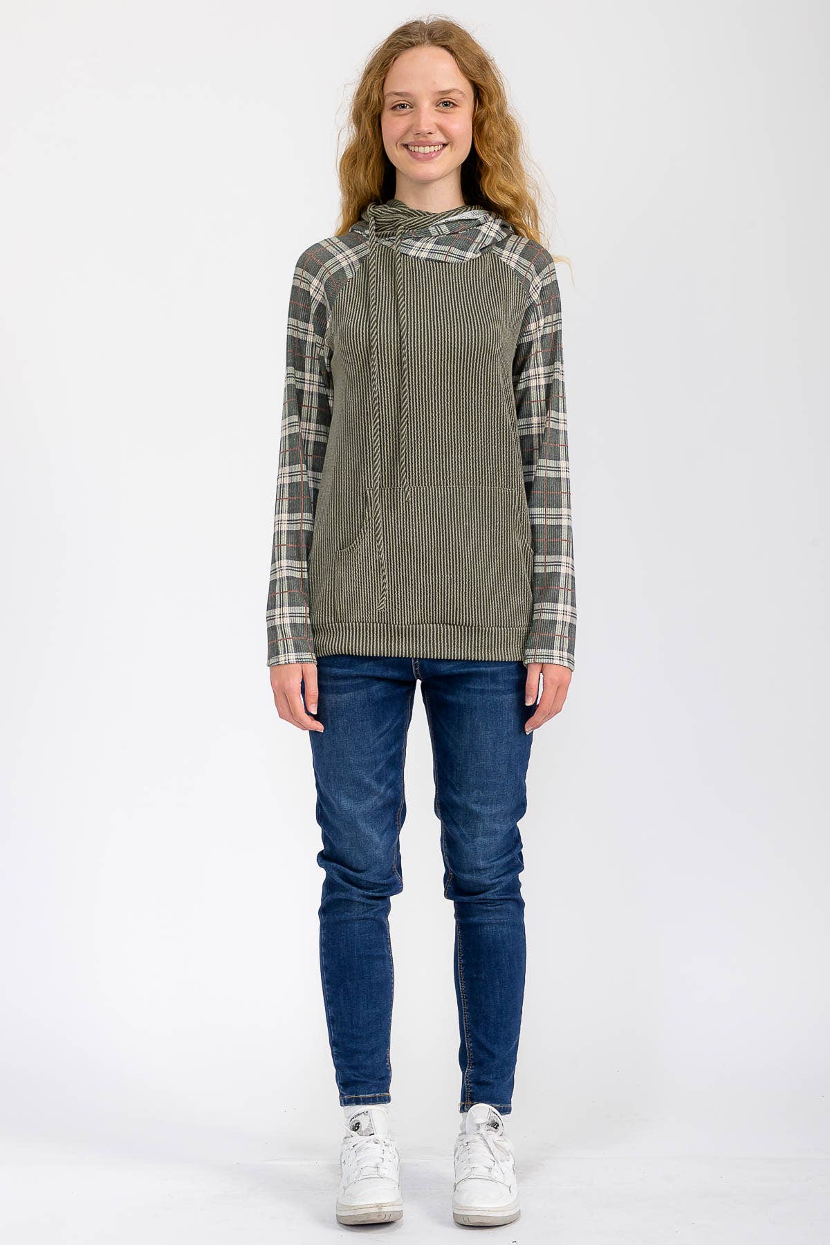 Everly Plaid Contrast Double Hooded Pullover – Ribbed Knit Hoodie with Thumbholes
