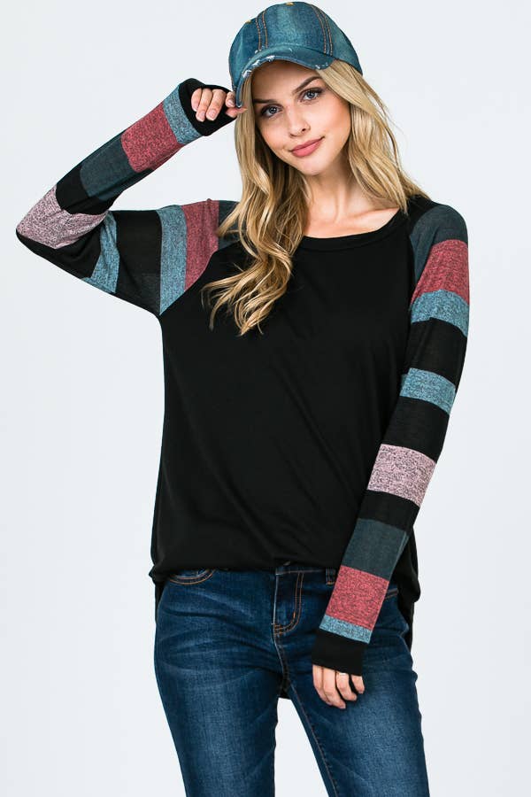 Lisa Stripe Sleeve Casual Blouse: Jade/ Black