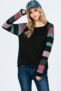 Lisa Stripe Sleeve Casual Blouse: Jade/ Black