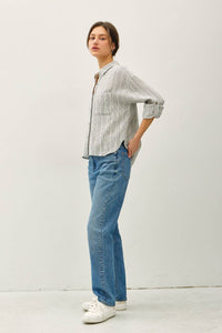 The Dakota Striped Gauze Button-Up Top – Charcoal & Amber