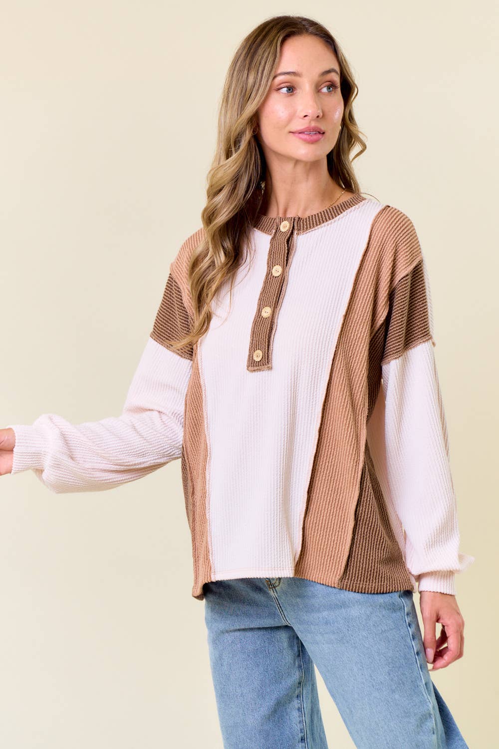 The Clara Colorblock Waffle Knit Henley – Neutral Stripe Patch Pullover