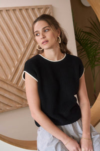 The Marlowe Contrast Trim Sweater Top – Camel Knit Short Sleeve Pullover