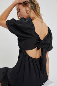 Delilah Black Puff Sleeve Babydoll Mini Dress – Flowy Square Neck Dress for Special Occasion