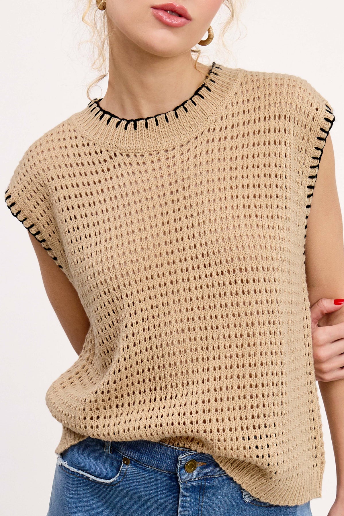 Sutton Sleeveless Knit Sweater Vest – Relaxed Fit Layering Top with Contrast Stitch Detail