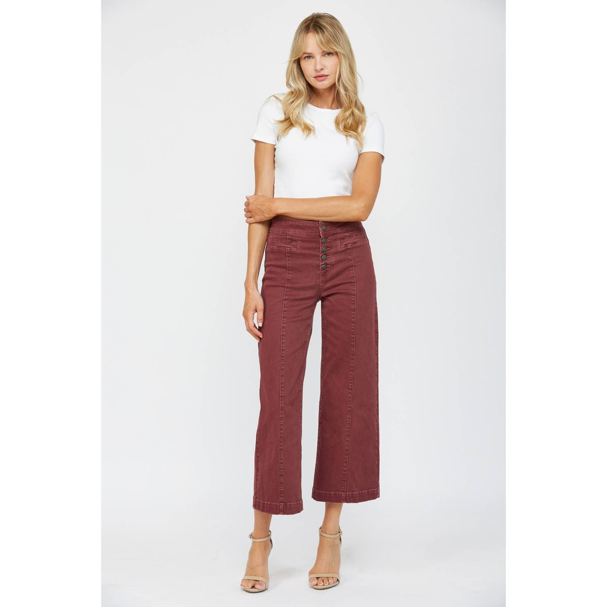 Mica Denim Roux High Rise Wide Crop Jeans – Wine Red