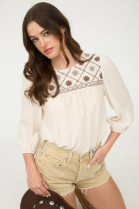 The Rylie Embroidered Yoke Blouse – 3/4 Sleeve Boho Top (Navy or Taupe)