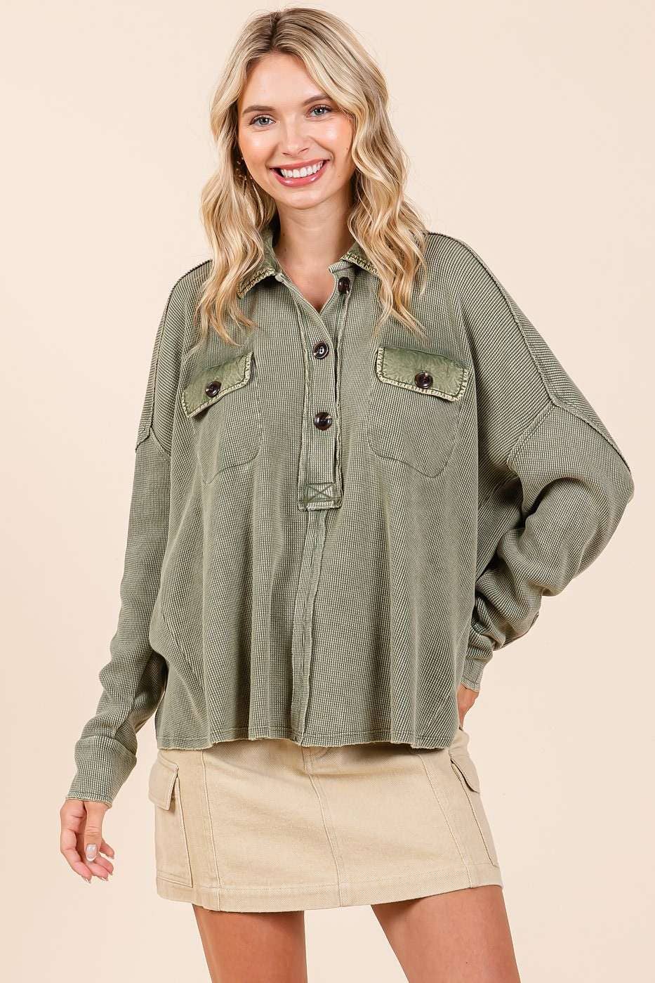 The Rowan Mineral Wash Waffle Knit Top – Olive Green Henley Pullover