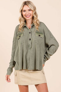 The Rowan Mineral Wash Waffle Knit Top – Olive Green Henley Pullover