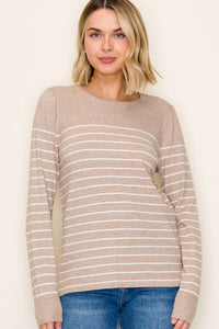 The Kaylen Striped Crewneck Sweater – Soft Taupe & White Knit