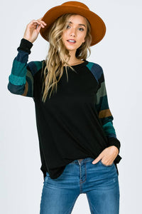 Lisa Stripe Sleeve Casual Blouse: Jade/ Black