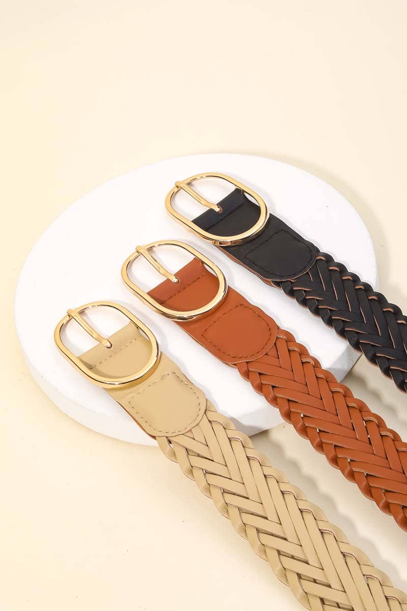 Braided Faux Leather Oval Buckle Belt