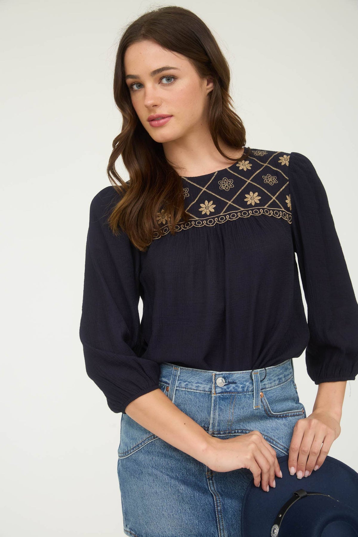 The Rylie Embroidered Yoke Blouse – 3/4 Sleeve Boho Top (Navy or Taupe)