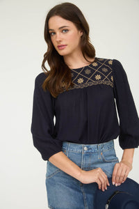 The Rylie Embroidered Yoke Blouse – 3/4 Sleeve Boho Top (Navy or Taupe)