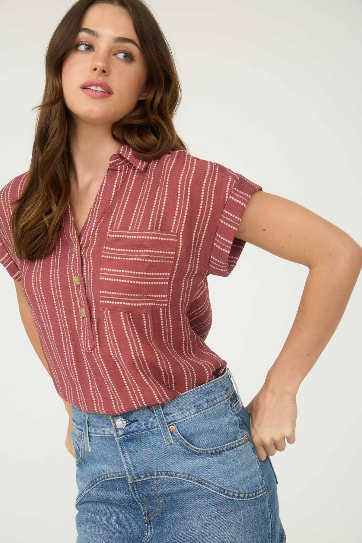 The Presley Striped Button Front Top –Burgundy Collared V-Neck Shirt with Pocket