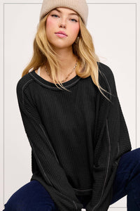 Sadie Brushed Waffle Knit Long Sleeve Top – Berry, Charcoal, Teal