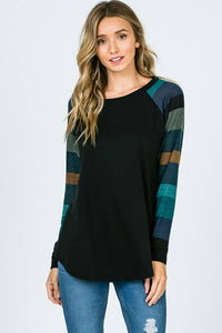 Lisa Stripe Sleeve Casual Blouse: Jade/ Black