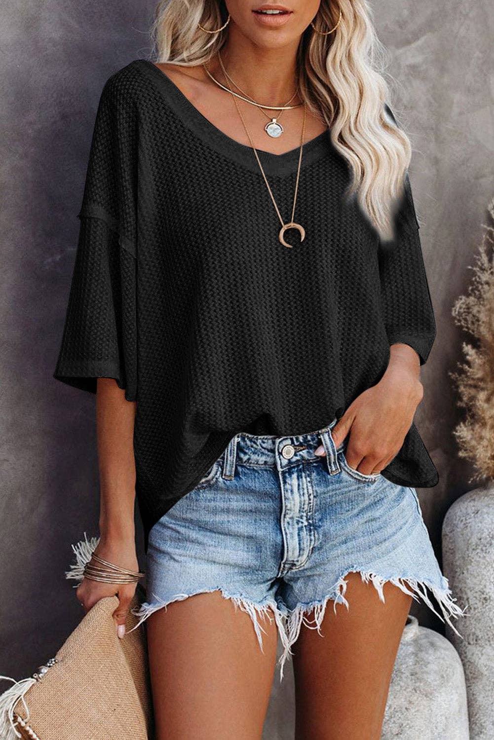 The Ember Waffle Knit Top – Vintage Black Drop Shoulder V-Neck