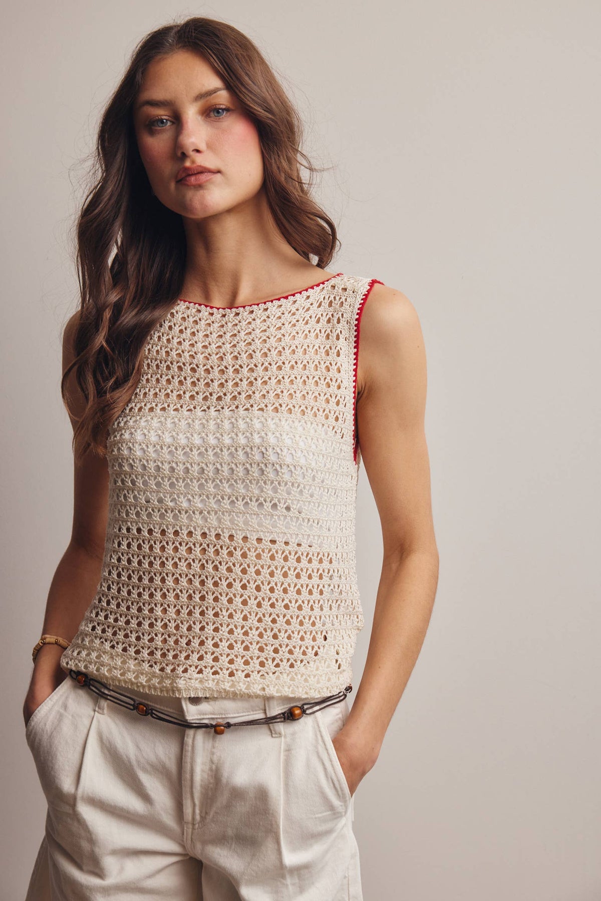 The Juniper Crochet Knit Top: Ivory Red – Sleeveless Boat Neck Lightweight Boho Tank