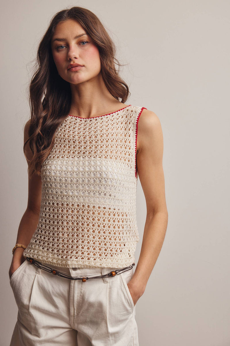 The Juniper Crochet Knit Top: Ivory Red – Sleeveless Boat Neck Lightweight Boho Tank