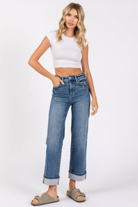 Ella High Rise Relaxed Straight Jeans with Cuffed Hem – Medium Wash