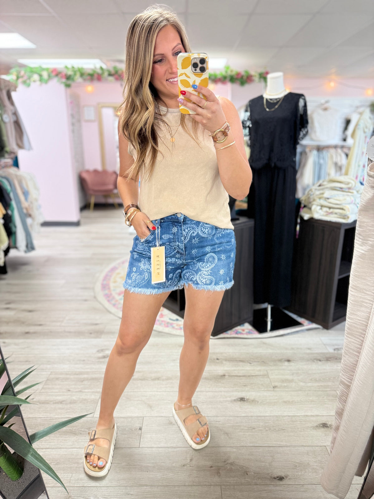 Liberty Paisley High Rise Denim Shorts: Dark Wash b